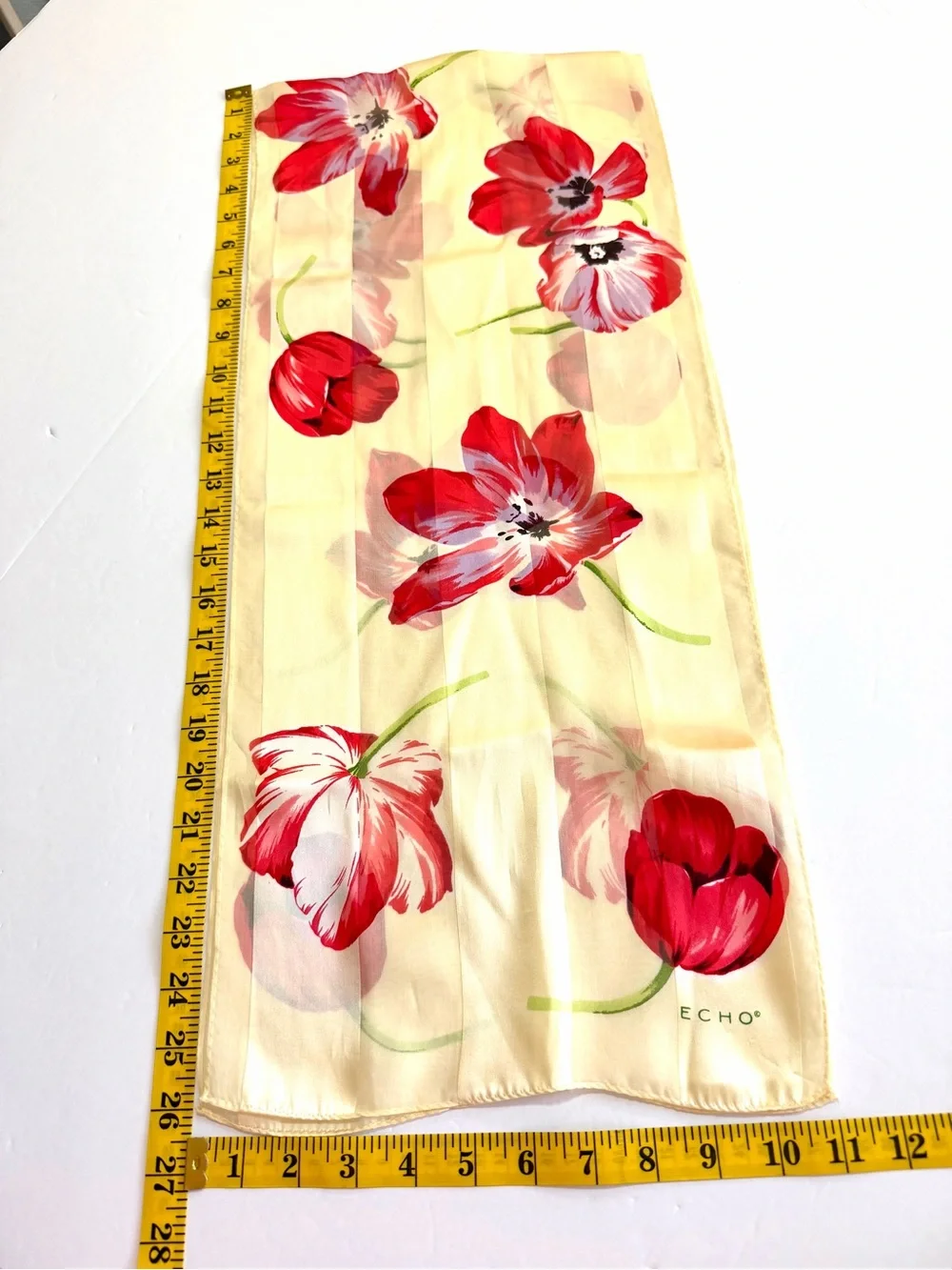 Vintage ECHO Cream Floral Oblong Silk Scarf Red White Tulip Classic Lightweight